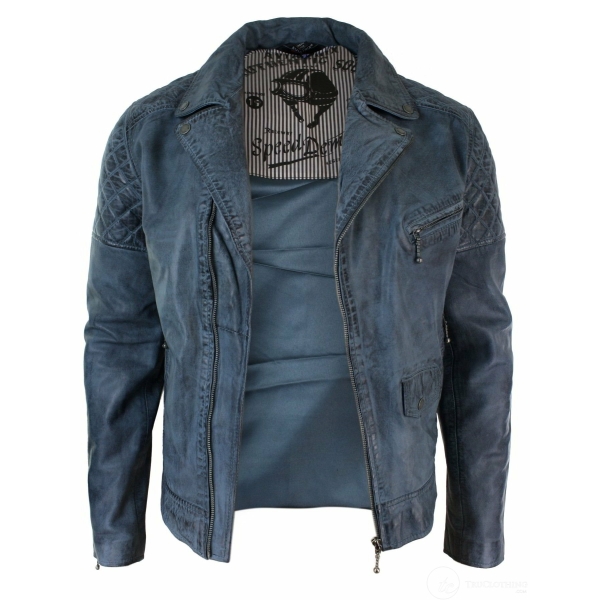 Real Leather Vintage Washed Biker Mens Jacket Cross Zip Retro Casual - Blue Colour