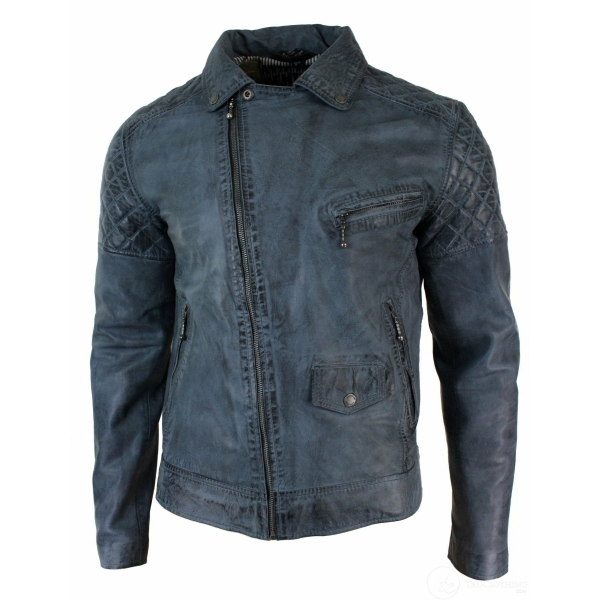 Real Leather Vintage Washed Biker Mens Jacket Cross Zip Retro Casual - Blue Colour