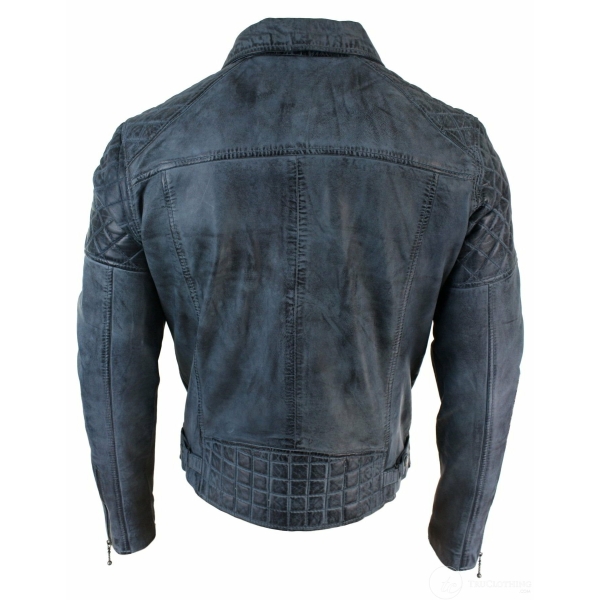 Real Leather Vintage Washed Biker Mens Jacket Cross Zip Retro Casual - Blue Colour