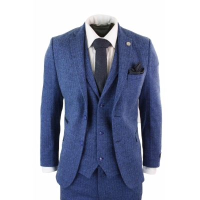 Men's Blue Herringbone 3 Piece Tweeed Suit - STZ11