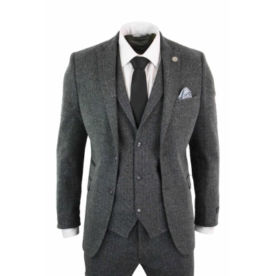 Men's Charcoal Grey 3 Piece Tweed Herringbone Suit - STZ11