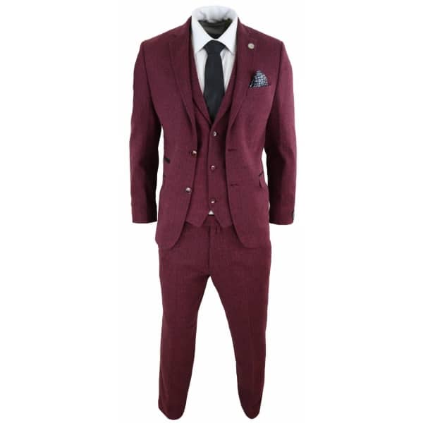 Men's Herringbone Wine Maroon 3 Piece Tweed Suit - STZ11