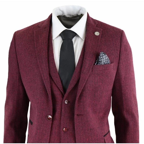 Men's Herringbone Wine Maroon 3 Piece Tweed Suit - STZ11