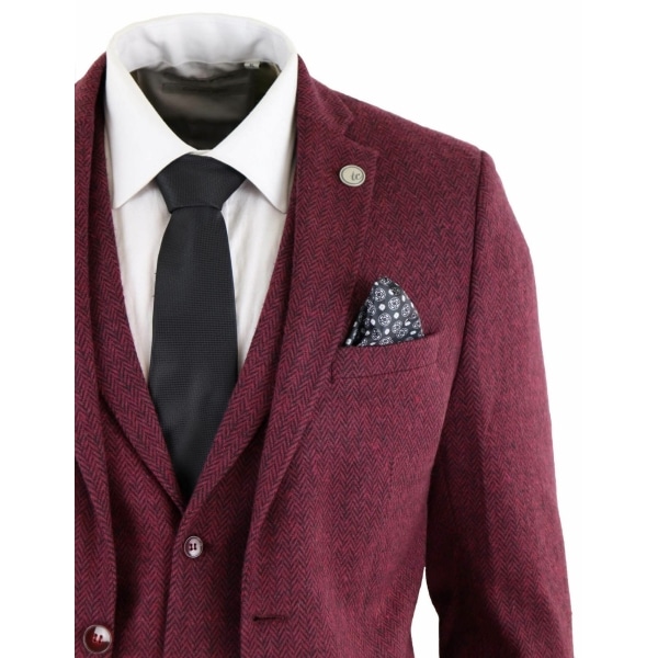 Men's Herringbone Wine Maroon 3 Piece Tweed Suit - STZ11