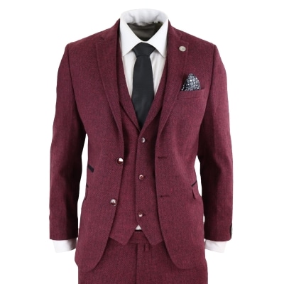 Men's Herringbone Wine Maroon 3 Piece Tweed Suit - STZ11