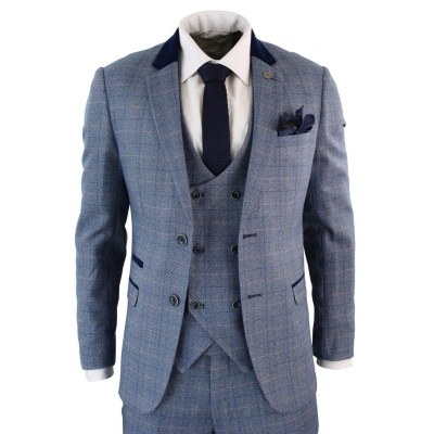 Mens 3 Piece Blue Check Suit - Marc Darcy Hilton