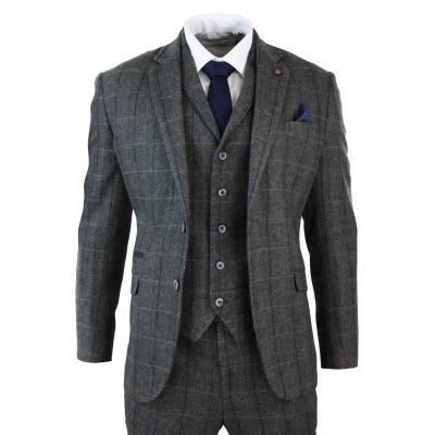 Cavani Albert - Men's Herringbone Tweed Check 3 Piece Suit - Charcoal