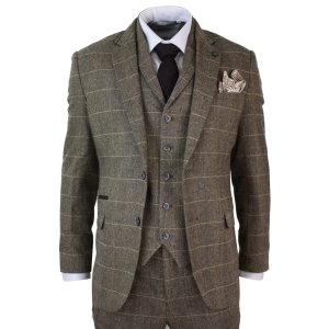 Cavani Albert – Men’s Herringbone Tweed Check 3 Piece Suit – Tan Brown