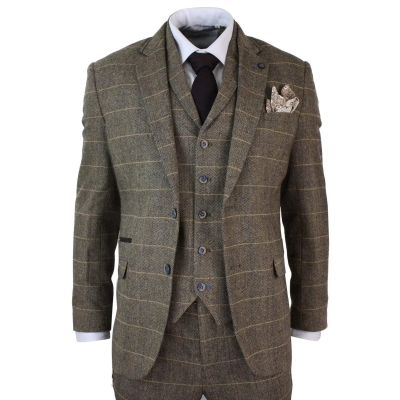 Cavani Albert - Men's Herringbone Tweed Check 3 Piece Suit - Tan Brown