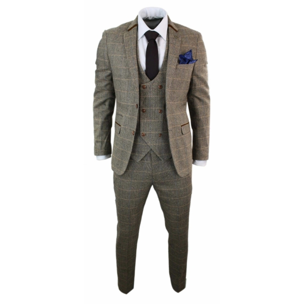 Mens 3 Piece Herringbone Tweed Tan Brown Check Suit Tailored Fit Double Classic