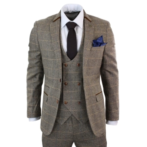 Mens 3 Piece Herringbone Tweed Tan Brown Check Suit Tailored Fit Double Classic