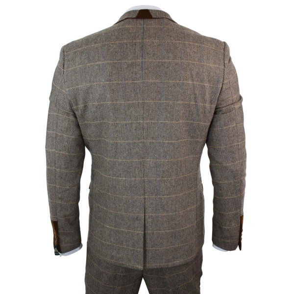 Mens 3 Piece Herringbone Tweed Tan Brown Check Suit Tailored Fit Double Classic