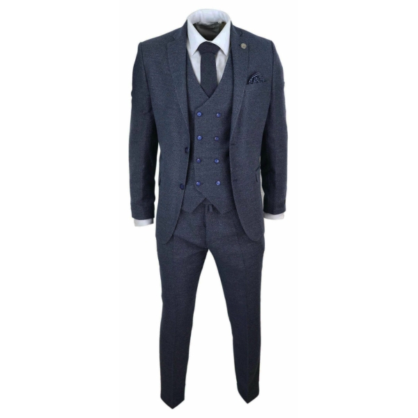 Mens 3 Piece Navy Suit with Double Breasted Waistcoat