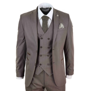 Mens 3 Piece Pinstripe Beige Suit