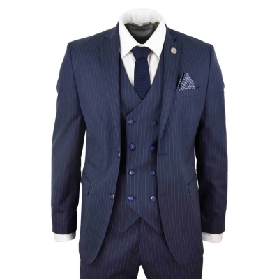 Mens 3 Piece Pinstripe Navy-Blue Suit