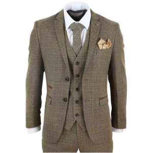 Mens 3 Piece Tweed Check Suit – Brown