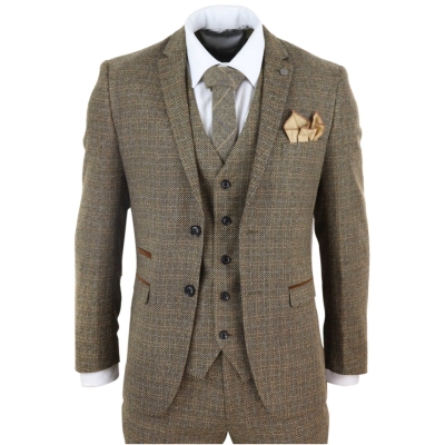 Mens 3 Piece Tweed Check Suit - Brown