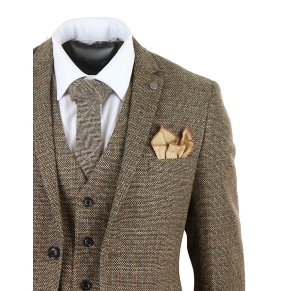 Mens 3 Piece Tweed Check Suit - Brown