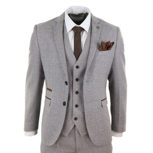 Mens 3 Piece Tweed Check Suit – Cream