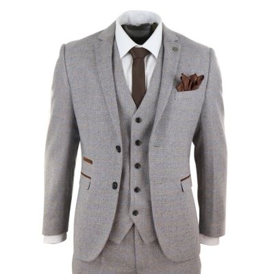 Mens 3 Piece Tweed Check Suit - Cream