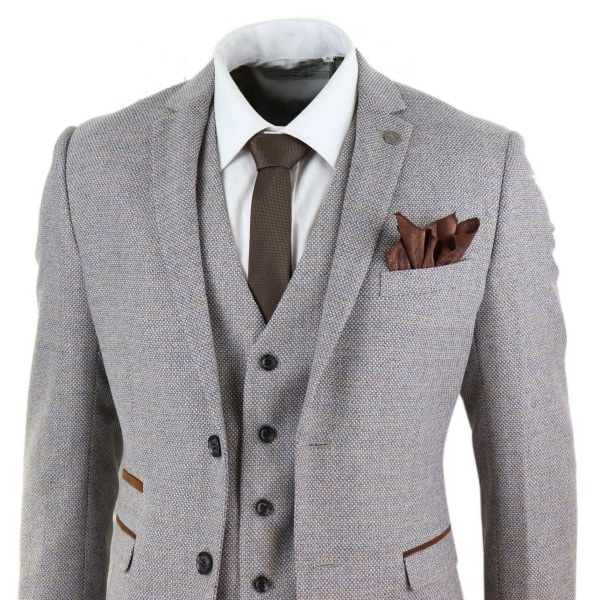 Mens 3 Piece Tweed Check Suit - Cream