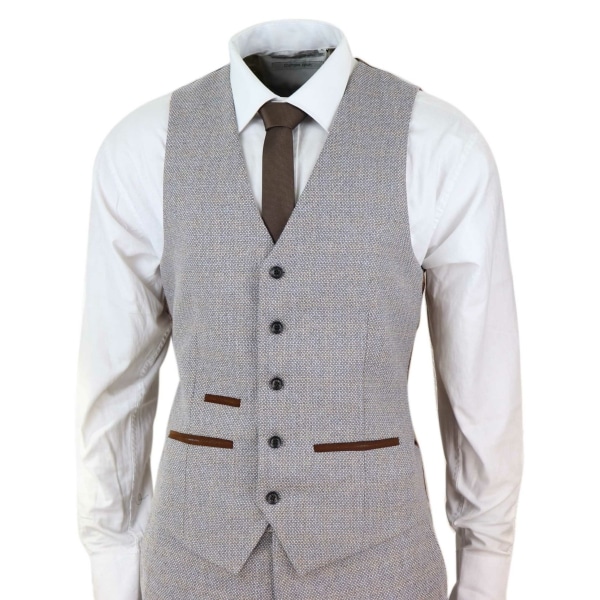 Mens 3 Piece Tweed Check Suit - Cream