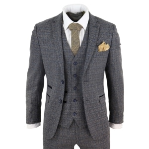 Mens 3 Piece Tweed Check Suit – Navy Blue