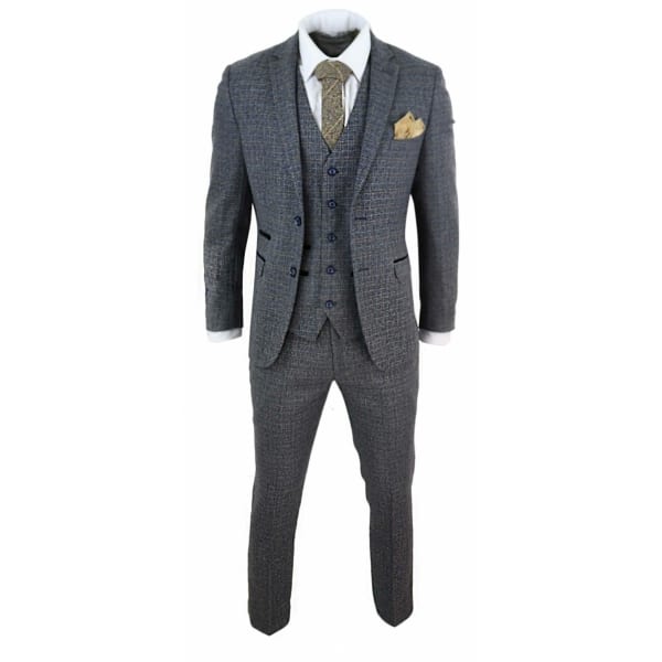 Mens 3 Piece Tweed Check Suit - Navy Blue