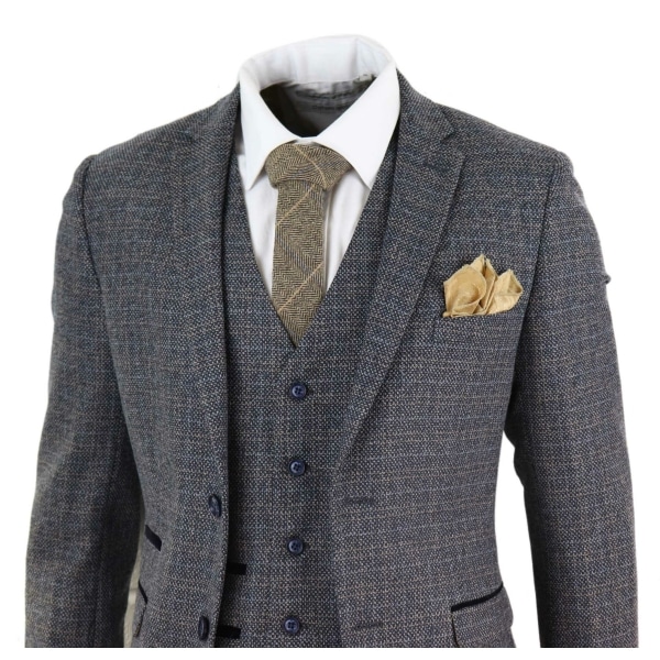 Mens 3 Piece Tweed Check Suit - Navy Blue