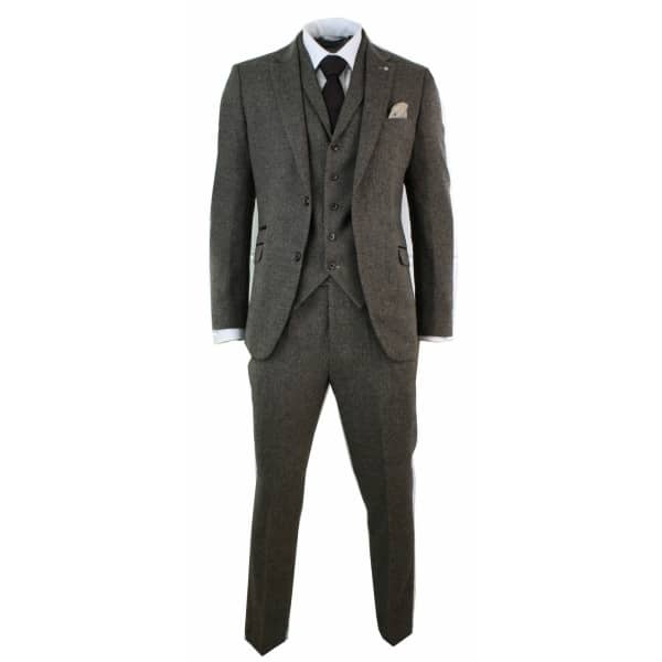 Mens 3 Piece Wool Blend Herringbone Tweed Suit Brown Vintage Tailored Fit Tan