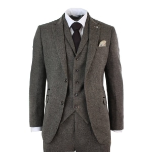 Mens 3 Piece Wool Blend Herringbone Tweed Suit Brown Vintage Tailored Fit Tan