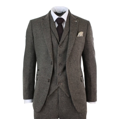 Mens 3 Piece Wool Blend Herringbone Tweed Suit Brown Vintage Tailored Fit Tan