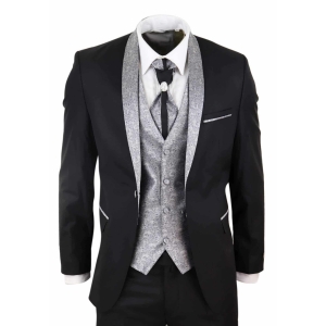 Mens 4 Piece Shawl Lapel Suit – Black/Silver