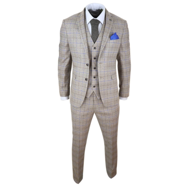 Mens Beige 3 Piece Tweed Check Suit