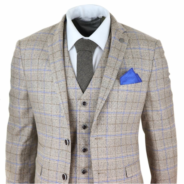 Mens Beige 3 Piece Tweed Check Suit