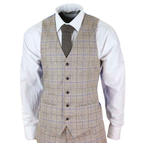 Mens Beige 3 Piece Tweed Check Suit