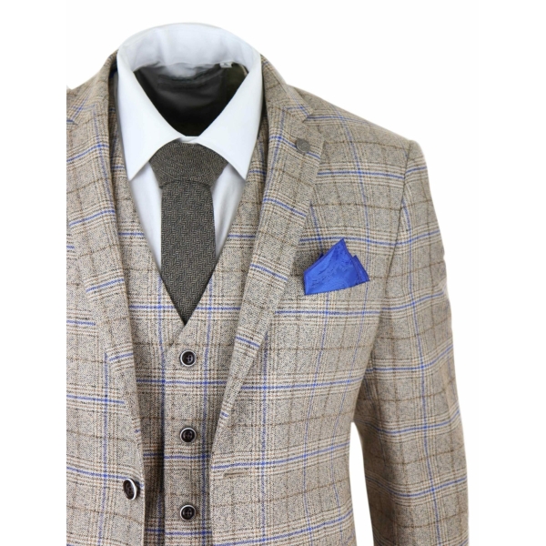 Mens Beige 3 Piece Tweed Check Suit