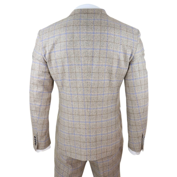 Mens Beige 3 Piece Tweed Check Suit