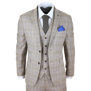 Mens Beige 3 Piece Tweed Check Suit