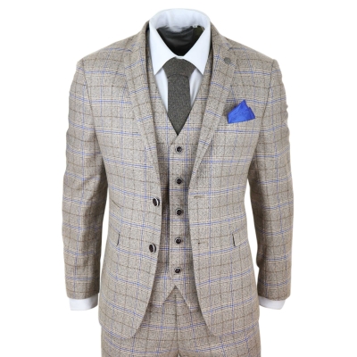 Mens Beige 3 Piece Tweed Check Suit