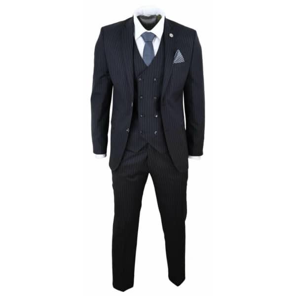 Mens  Black 3 Piece Pinstripe Suit