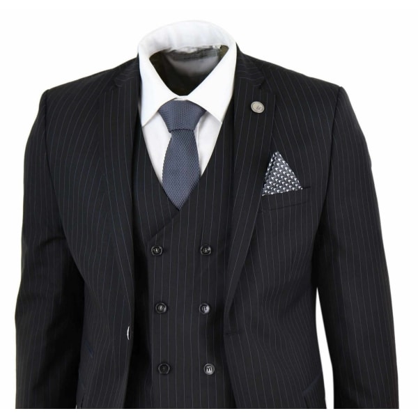 Mens  Black 3 Piece Pinstripe Suit