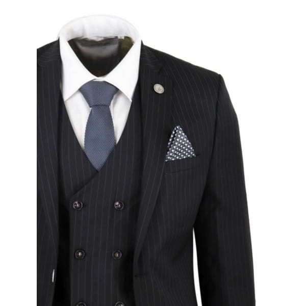 Mens  Black 3 Piece Pinstripe Suit