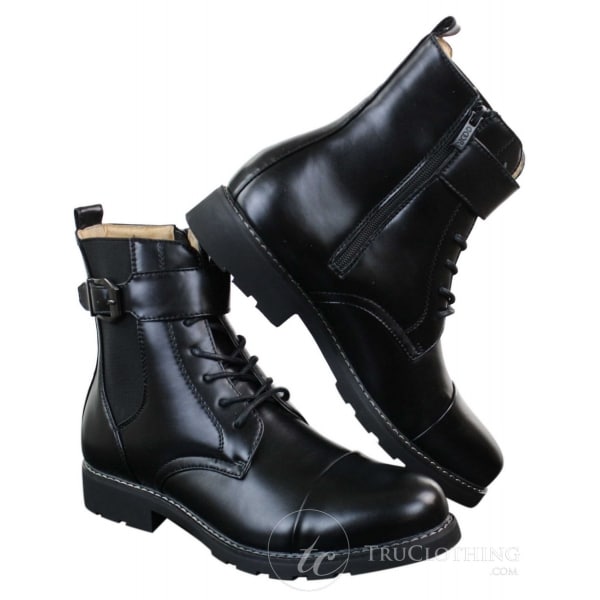 Mens Black Military Army Navy Ankle Boots Casual Zip Laced Belted Buckle