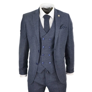 Mens Blue 3 Piece Suit with Double Breasted Waistcoat