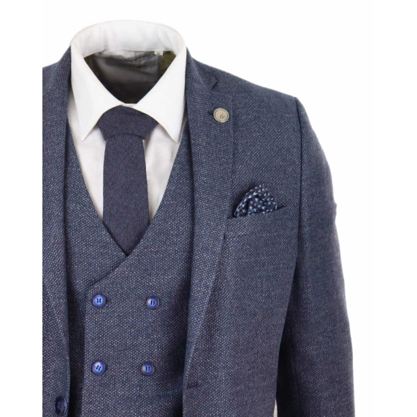 Mens Blue 3 Piece Suit with Double Breasted Waistcoat