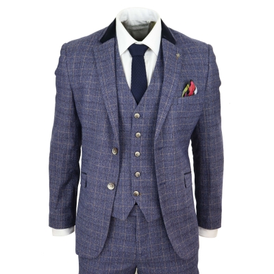 Mens Blue Check 3 Piece Suit - Cavani Matteo