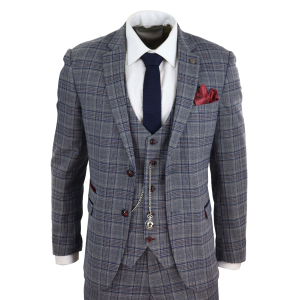 Mens Blue Grey Checkered 3 Piece Suit