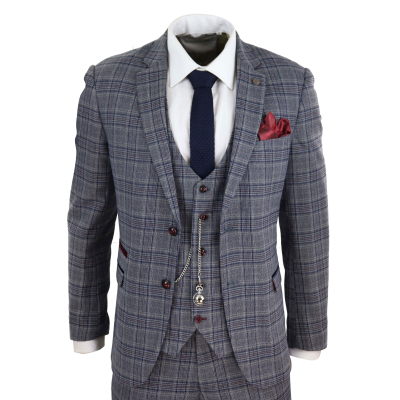 Mens Blue Grey Checkered 3 Piece Suit