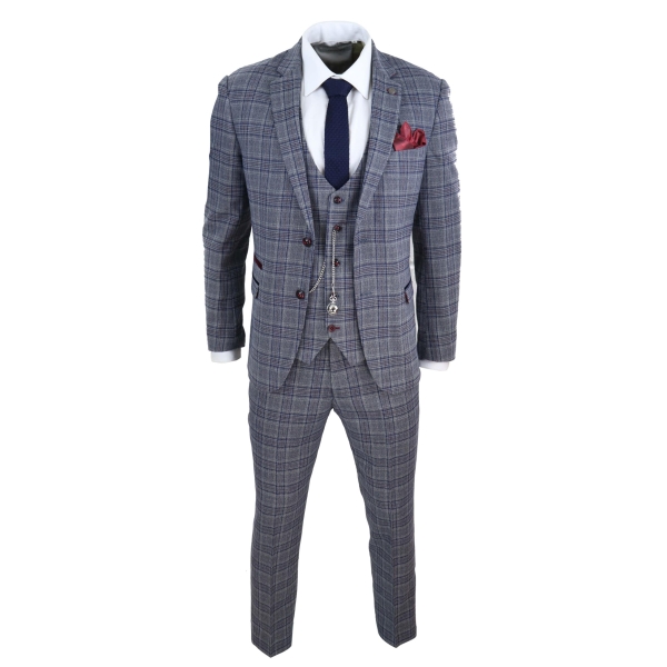 Mens Blue Grey Checkered 3 Piece Suit